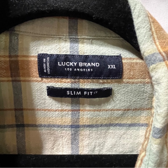 LUCKY BRAND Mens Button Up Long Sleeve Shirt Green Tan Plaid Cotton/Linen XXL - Picture 5 of 10